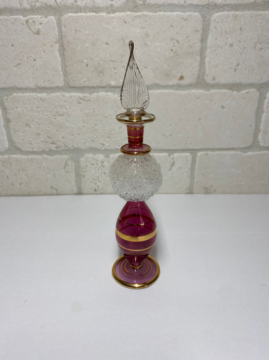 Vintage Perfume Bottle, Dark Pink Glass, Hand Painted, Art Deco, Gilded