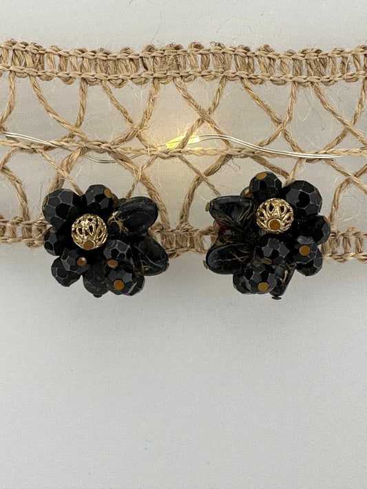 Vintage Clip-On Earrings, Black Beads with Gold Accents, Made by Kramer.