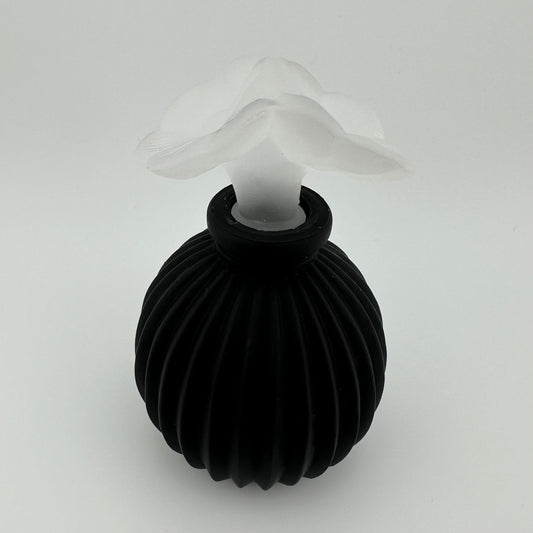 Vintage Perfume Bottle, Black Satin Glass with White Flower Top.