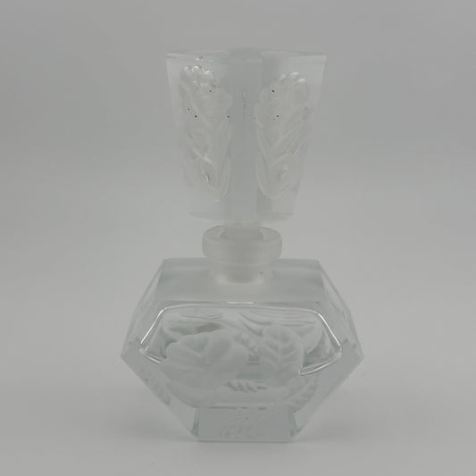 Vintage Perfume Bottle, Heavy Clear Glass with Etched Floral Design.