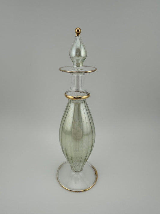 Vintage Perfume Bottle, Pale Green Glass, Hand Painted with Glass Dauber.