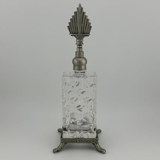 Vintage Perfume Bottle, Clear Cut Glass, Footed Base, Silver Tone Dabber.