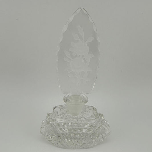 Vintage Perfume Bottle, Czechoslovakia Glass, Etched Floral Stopper.