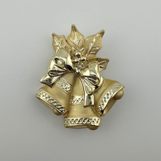 Vintage Christmas Bell Brooch, Gold Tone, 3 Bells, Ribbon, Holly Leaves.