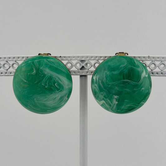 Vintage Plastic Clip-On Earrings, Green and White with Gold Back.