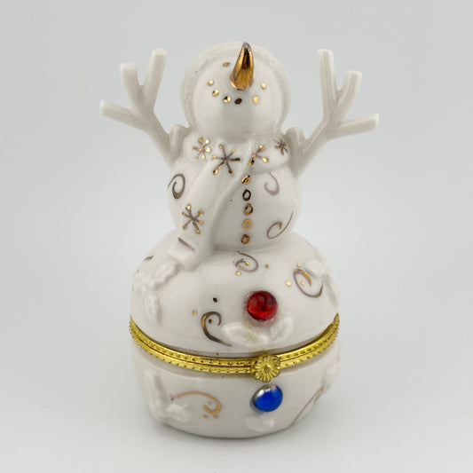Vintage Ceramic Trinket Dish of Snowman With Gold Accents and Colored Stones