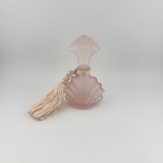 Vintage Perfume Bottle, Pink Frosted Glass, Seashell Style with Pink Fringe.
