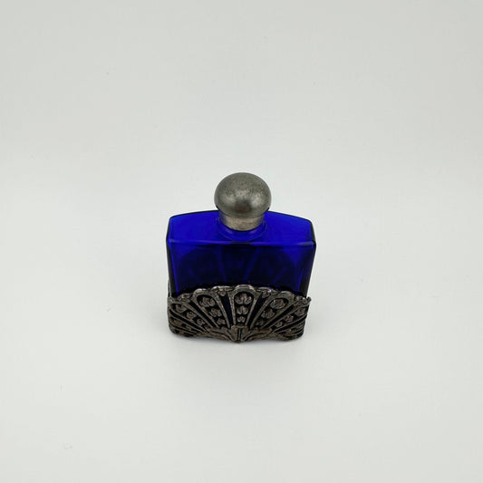 Vintage Perfume Bottle, Cobalt Blue Glass, Silver Filigree, First Impressions, Art Nouveau.