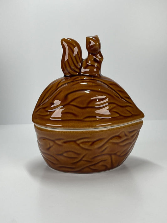 Vintage Ceramic Covered Dish in Shape of Nut with Adorable Squirrel on Top 1970's