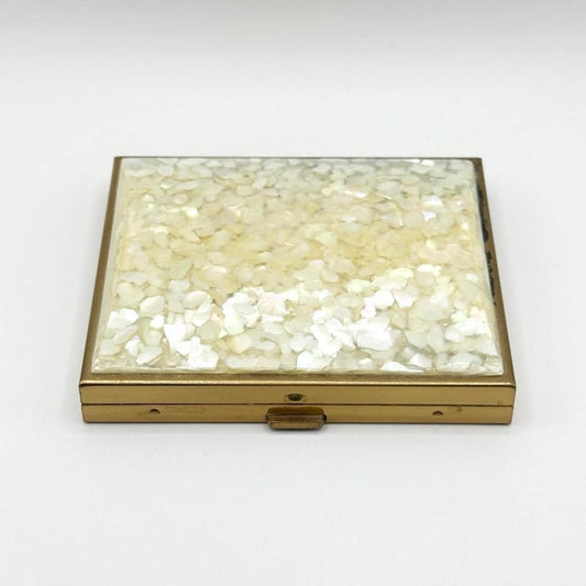 Vintage Compact with Encased Mother of Pearl Cover in Gold Tone Case and Applicator