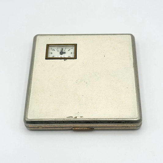 Vintage Clock Compact with White Enamel Cover Made by Illinois Watch Case Company