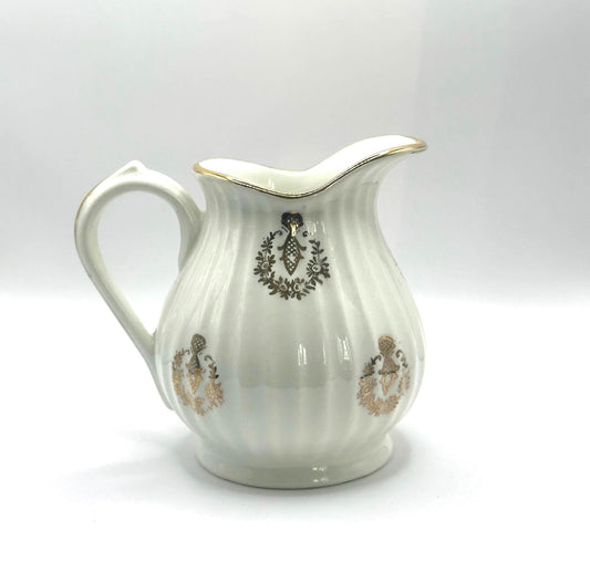 Vintage Ceramic Pitcher with White and Gold Floral Design Stamped Capodimonte
