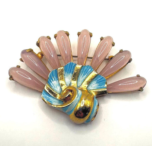 Vintage Pink Lucite Gold Tone Enamel Shell Pin